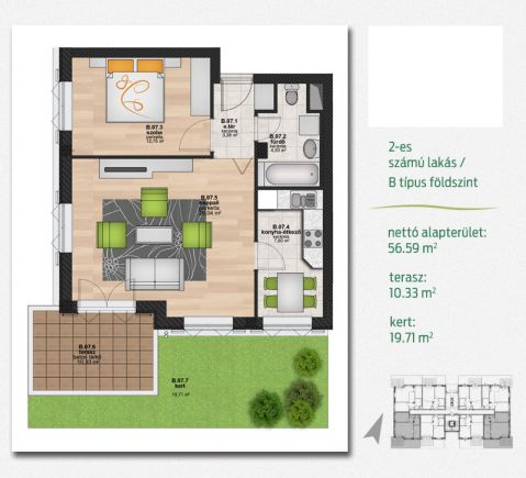 Új építésű 57 m2-es földszinti lakás Budapest Duna partján.